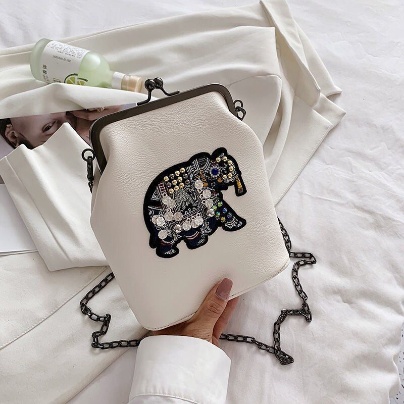 Vintage Shell Lock Embroidery Bags Synthetic Leather Chain Shoulder Purses Blue