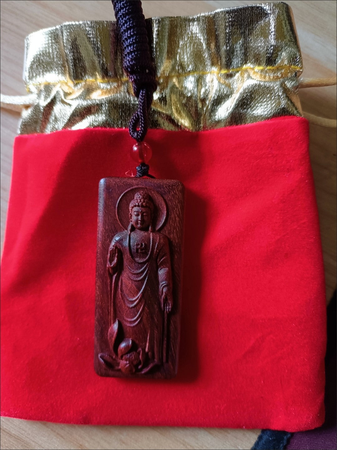 Red Sandalwood Sakyamuni Pendant 0.98×2.36in Peace Plaque Handmade Carving