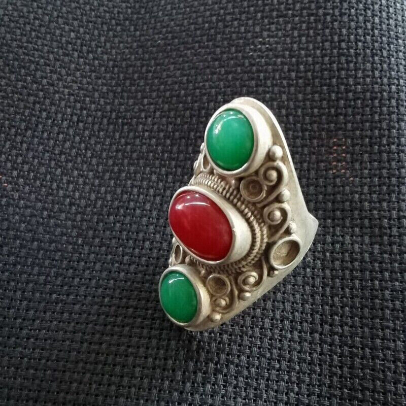 Old Chinese tibet silver inlay Red green gem handmade Ring