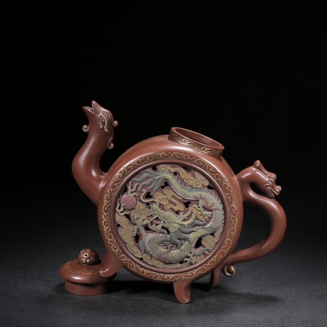 Chinese Yixing Zisha Clay Handmade Exquisite Teapot (龙凤呈祥(描金) 底款:陈鸣远)