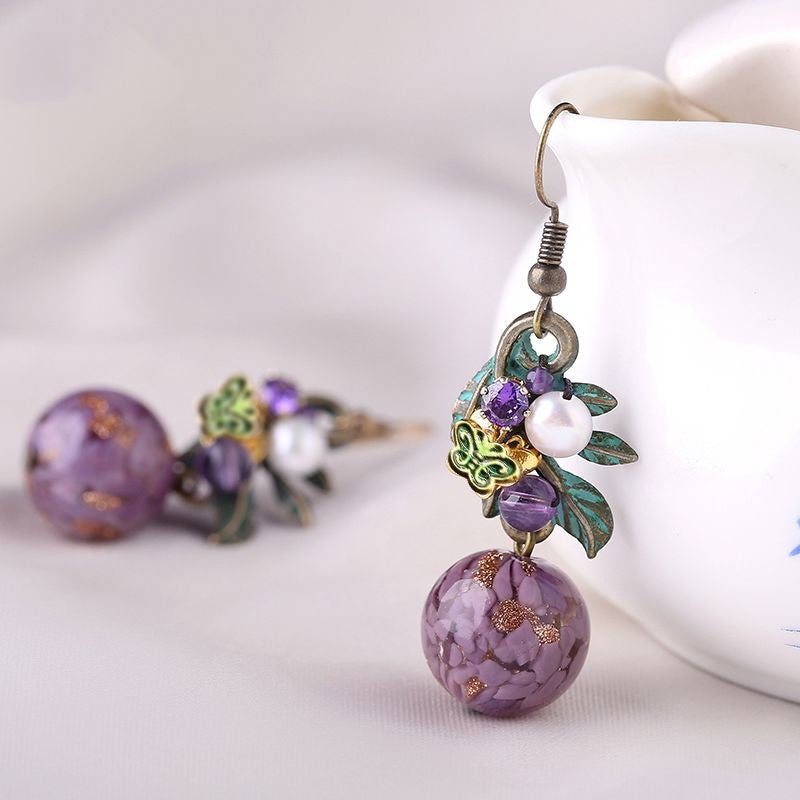 Boho Purple Flower Earrings Retro Ethnic Jewelry For Hanfu Cheongsam