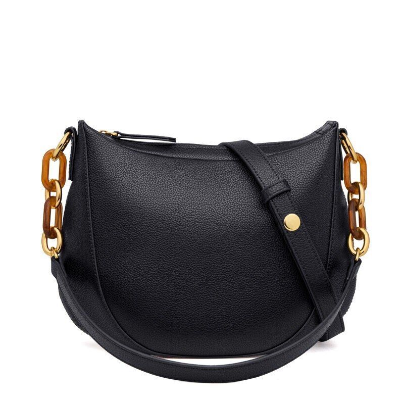 Cow Leather Shoulder Bag Handbag Elegant Black Purse 29*10*19CM Adjustable Strap