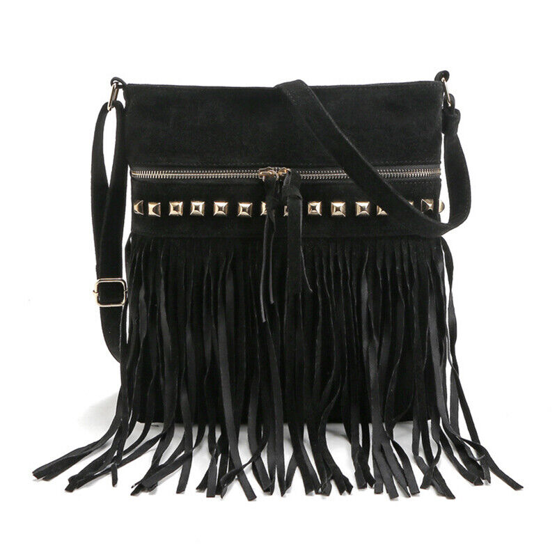 Women Cross Body Shoulder Bag Suede Fabric Rivet Tassel Bag Outdoor Travel