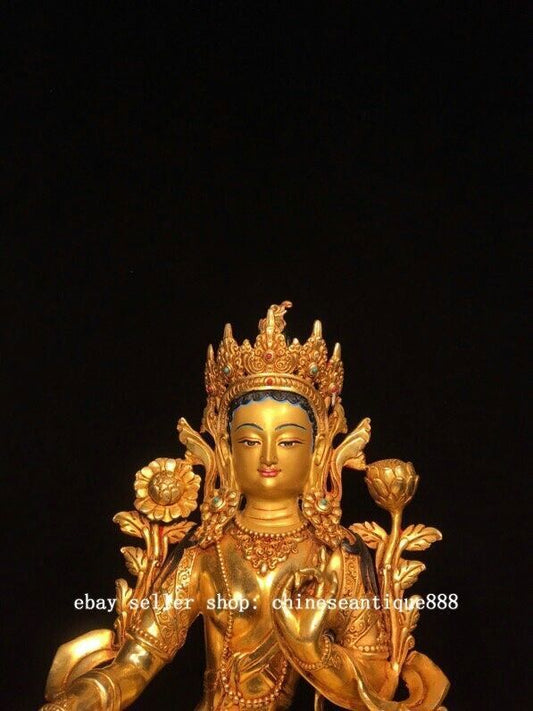 12.6" Tibet Nepal Copper Gilt Painting Green Tara Kwan-yin Goddess Buddha Statue