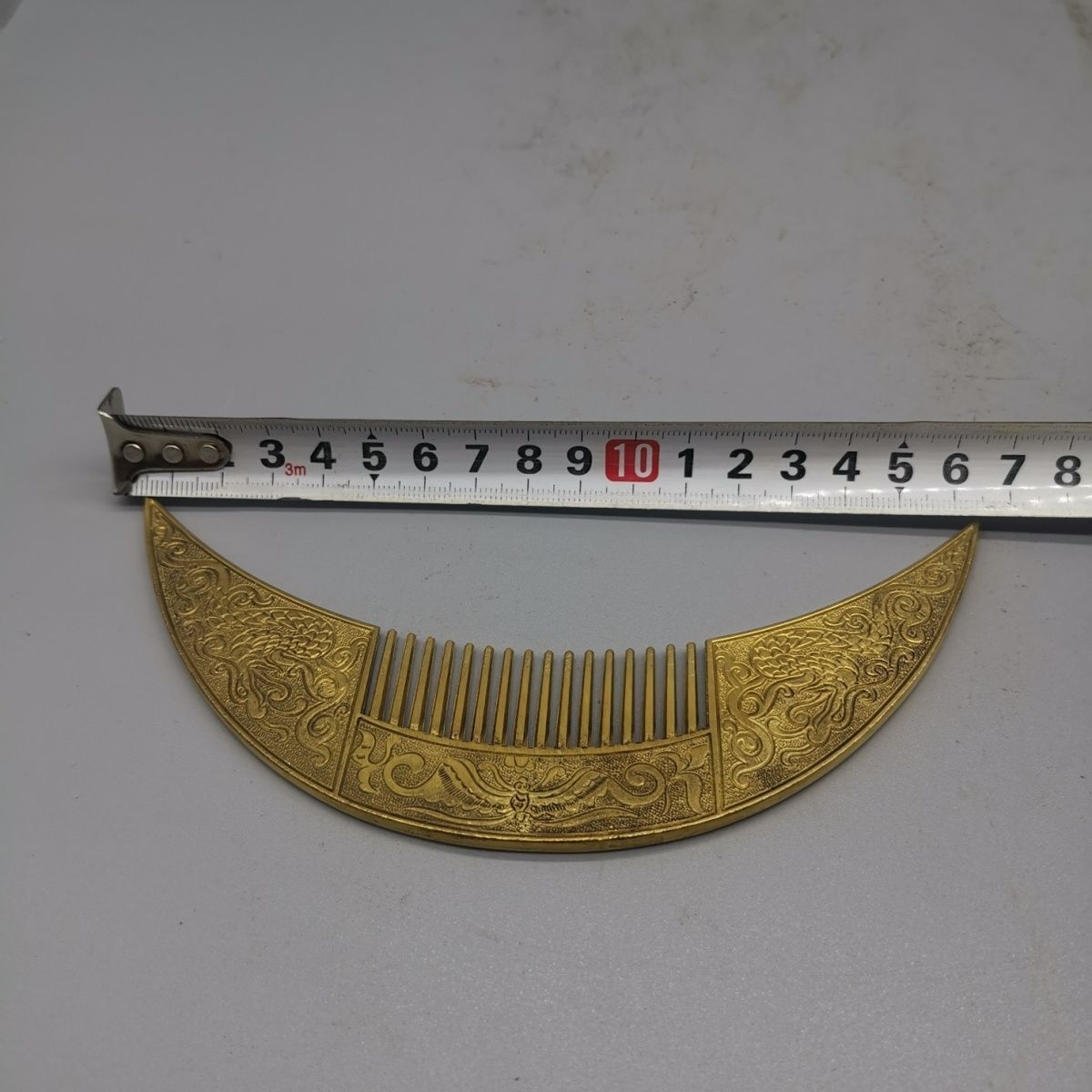 Vintage Brass Dragon Comb Crescent Shape Double Dragon Chinese Hair Tool Prop