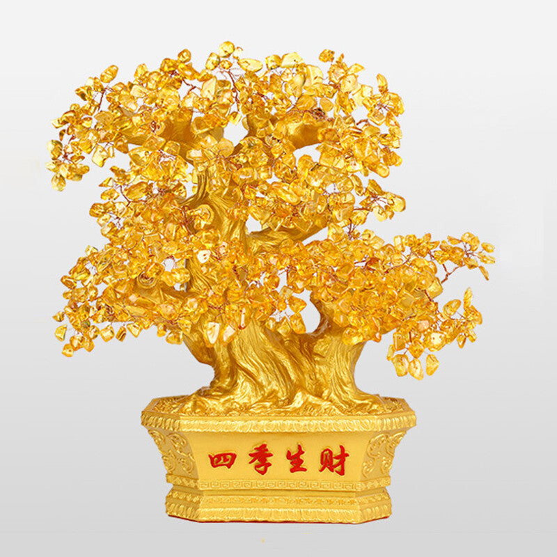 Yellow Crystal Stones Feng Shui Fortune Money Tree Wealth Luck Decoration--