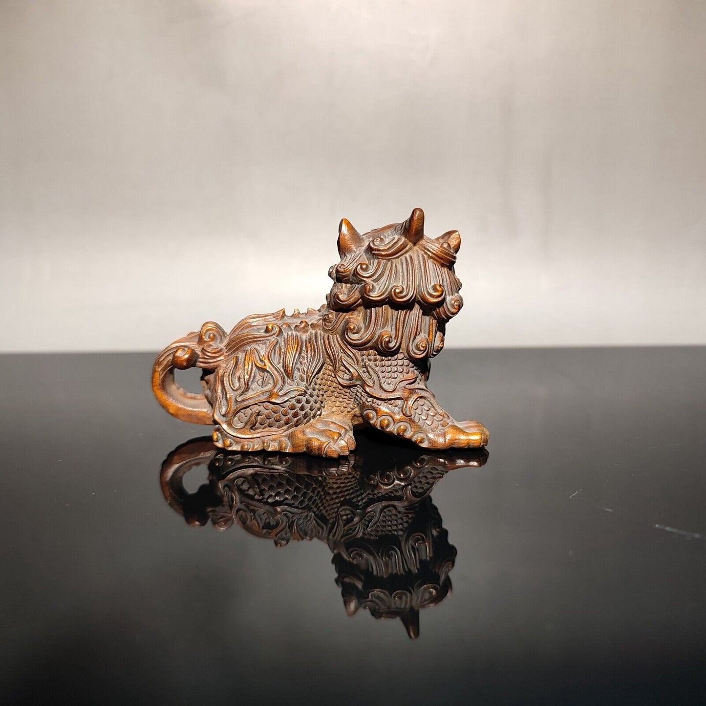 Chinese Boxwood hand carved wooden kylin statue decor statue unicorn dragon mini