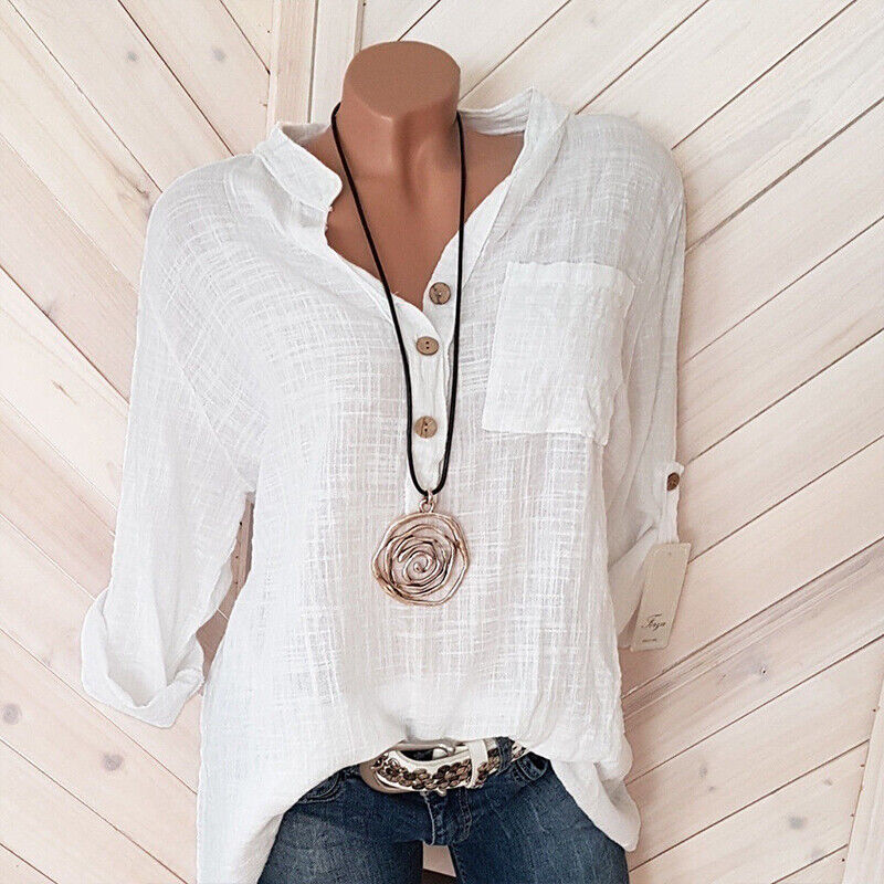 Womens Tunic Cotton Linen Pullover Blouse Tops Ladies Baggy Long Sleeve T-Shirt
