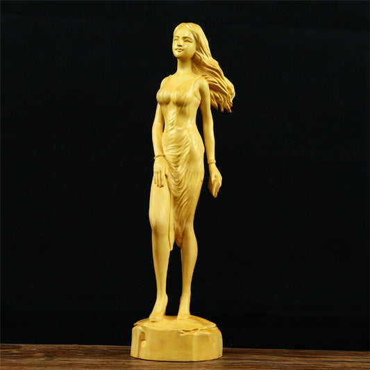 Chinese Boxwood Wood Hand-carved Beautiful Woman Belle Girl Lady Fashion Statue