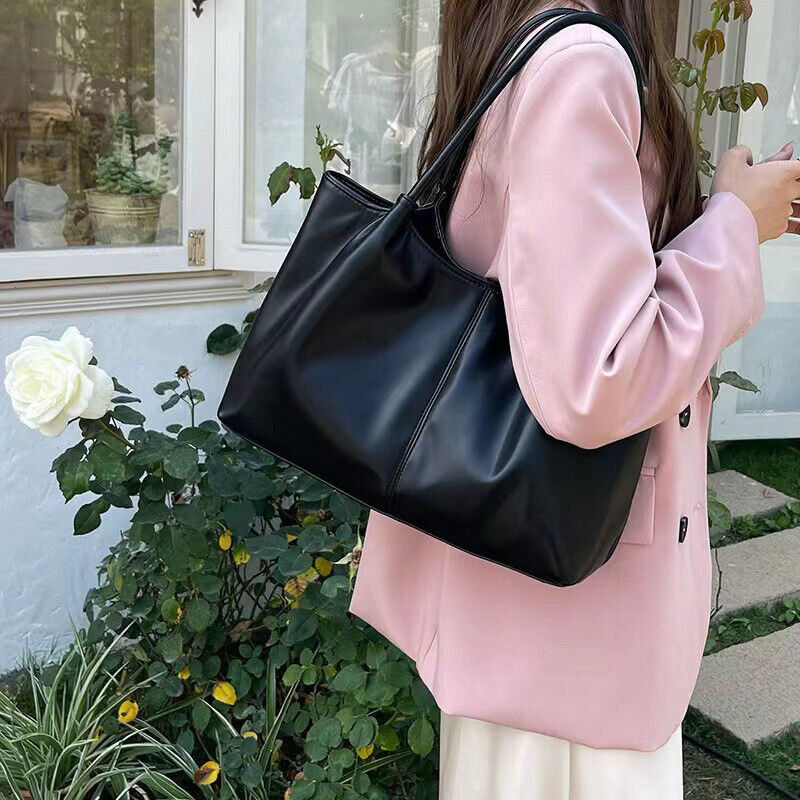Women Bag Tote Bag Large-Capacity Shoulder Bag PU Leather Handbags Beige black