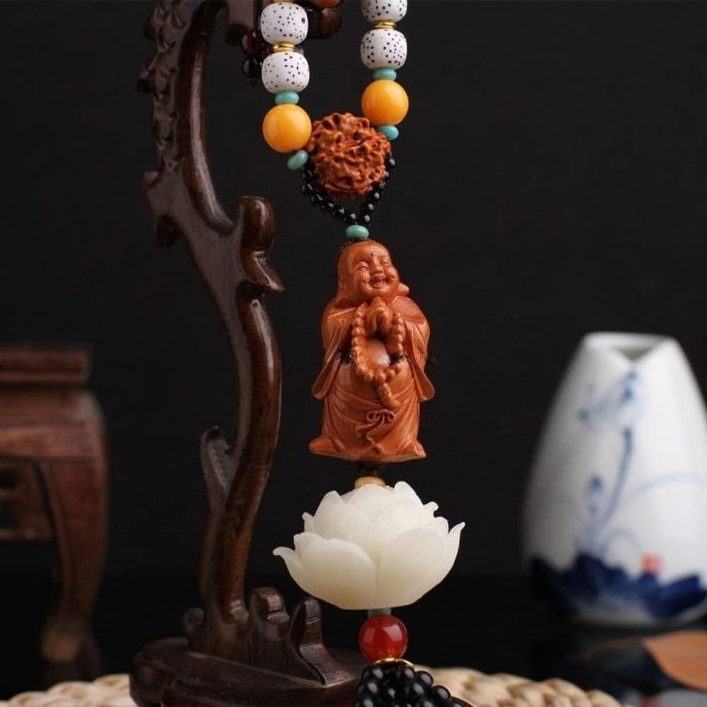 High-end Peachwood Carved Lotus Buddha Statue Car Rearview Mirror Pendant