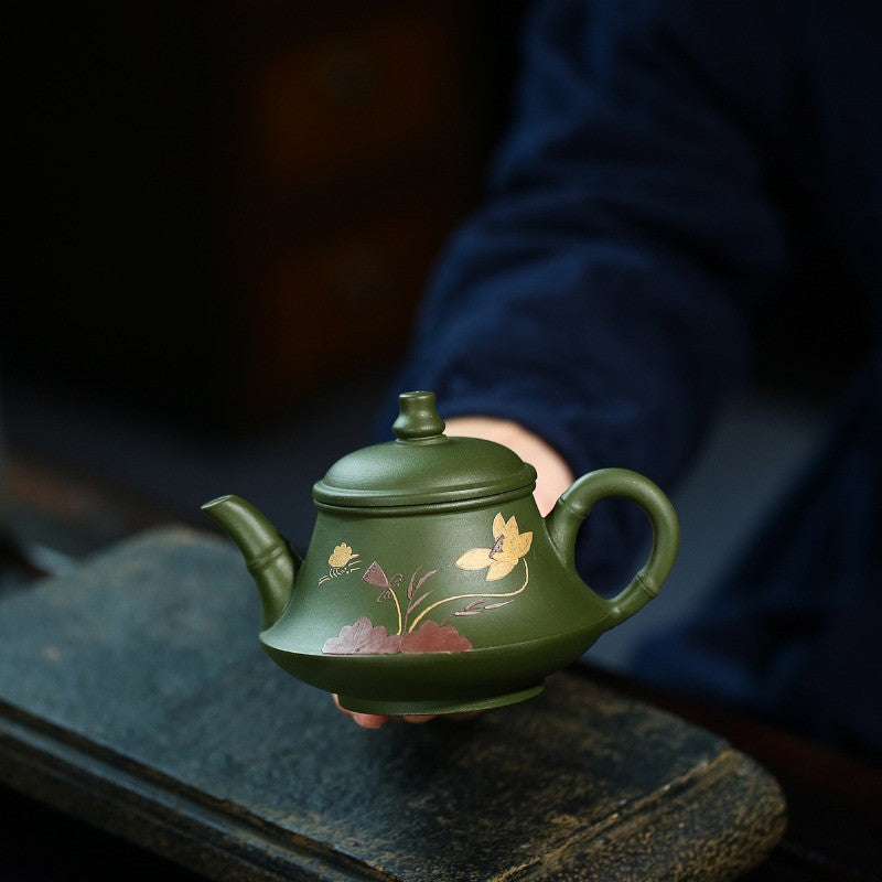 5.4" Yixing Zisha Pottery Green Clay Handmade Lotus Flower Bamboo Tea Pot Teapot