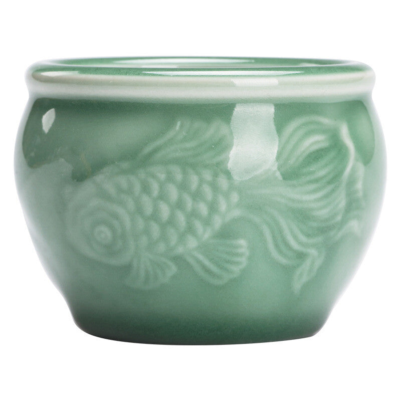 3.4oz China Longquan celadon porcelain tea cup master cup ceramic fish carved