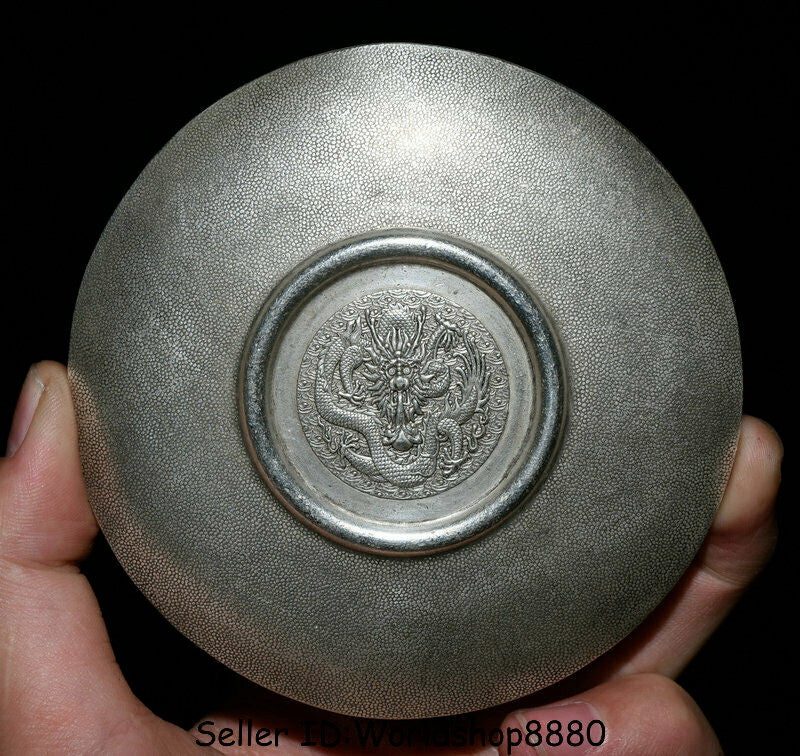 4" Old China Silver Dynasty 12 Zodiac Year Animal 2 Dragon 福 Round Plate Tray