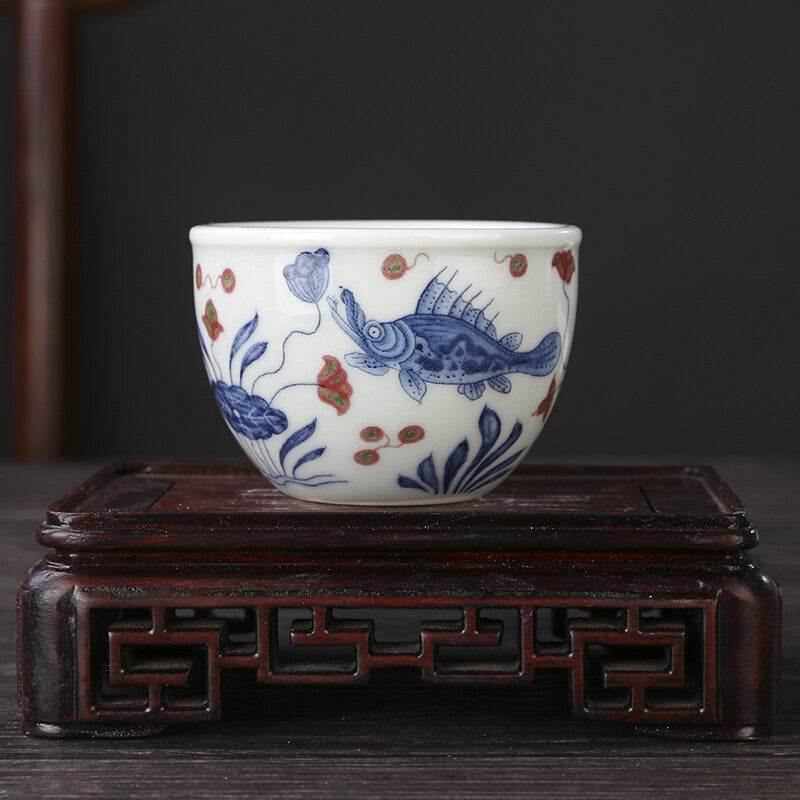 2.7" Chinese Blue-and-white Porcelain Red Glaze Lotus Pond Animal Fish Cup