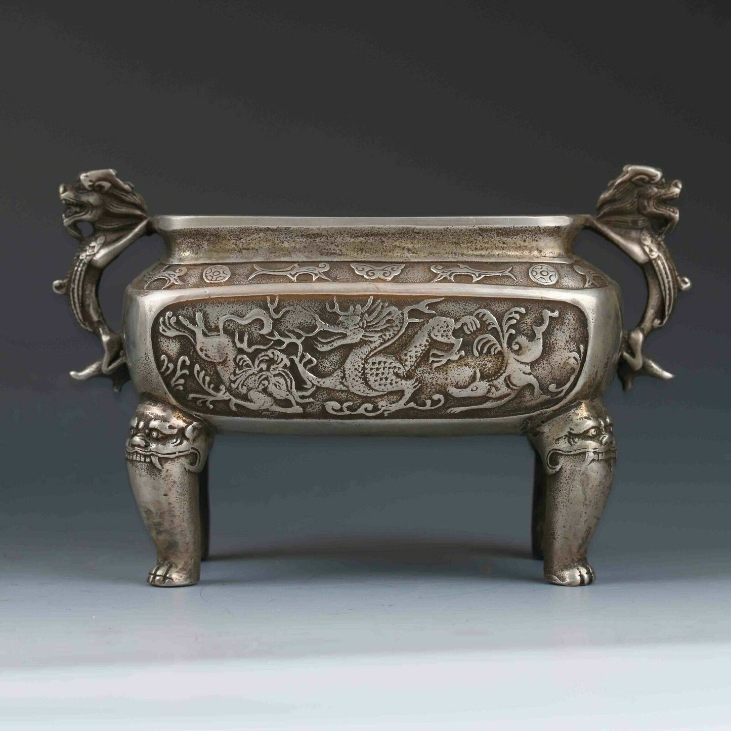 Chinese Tibetan Silver Hand-carved Dragon Incense Burner&Lid XuanDe Mark