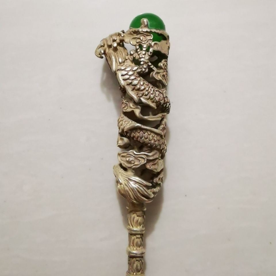 Antique Silver Plated Dragon Hairpin with Green Gemstone Chinese Hair Stick