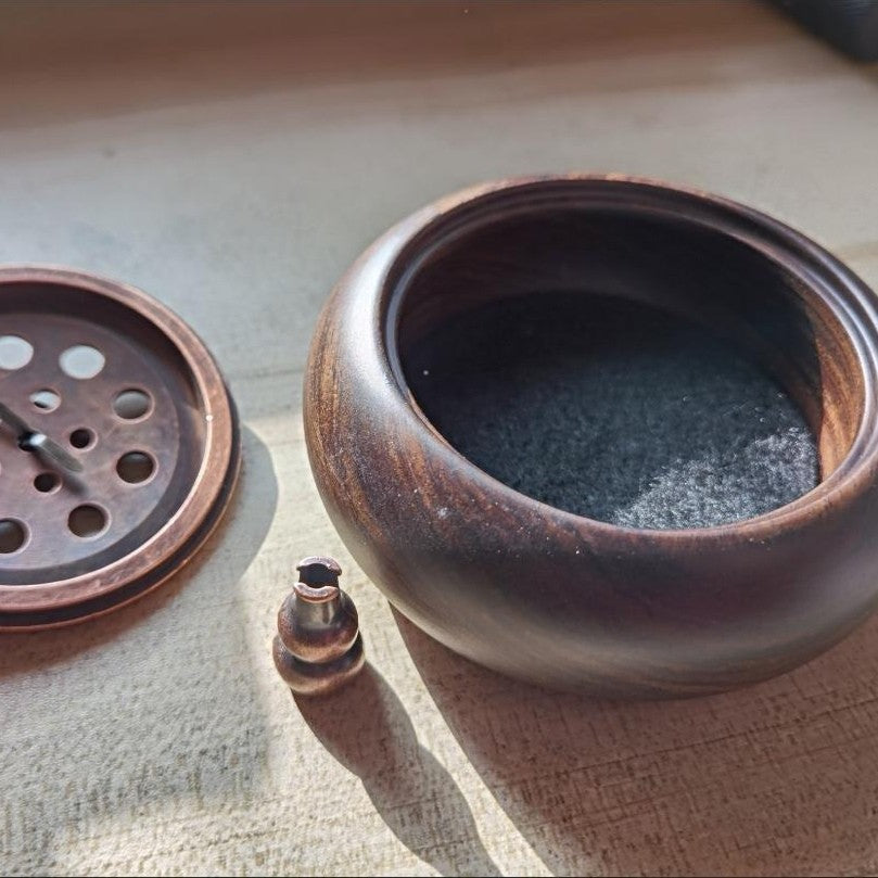 Ebony Rosewood Incense Burner 10.6×5cm Copper Lotus Lid No Fragrance Included