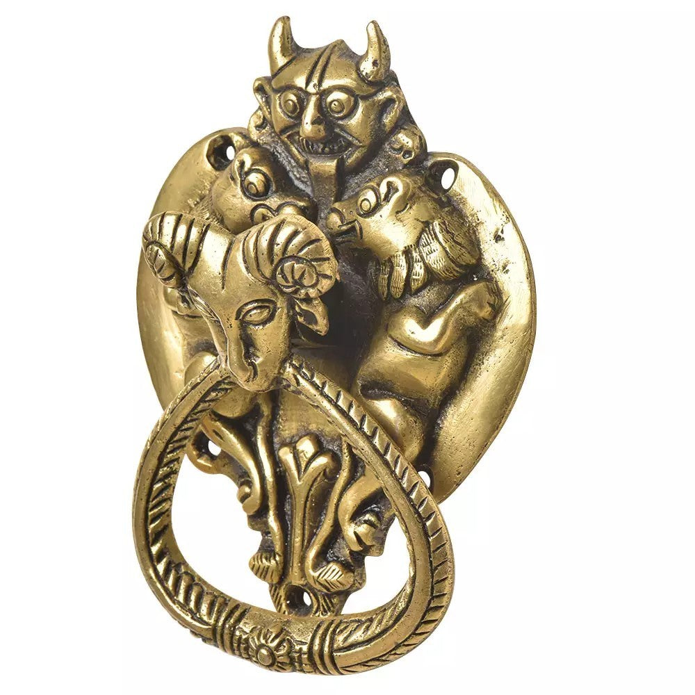 Antique Look Brass Demon Two Lions Ram Head Door KnockerDoor Bell