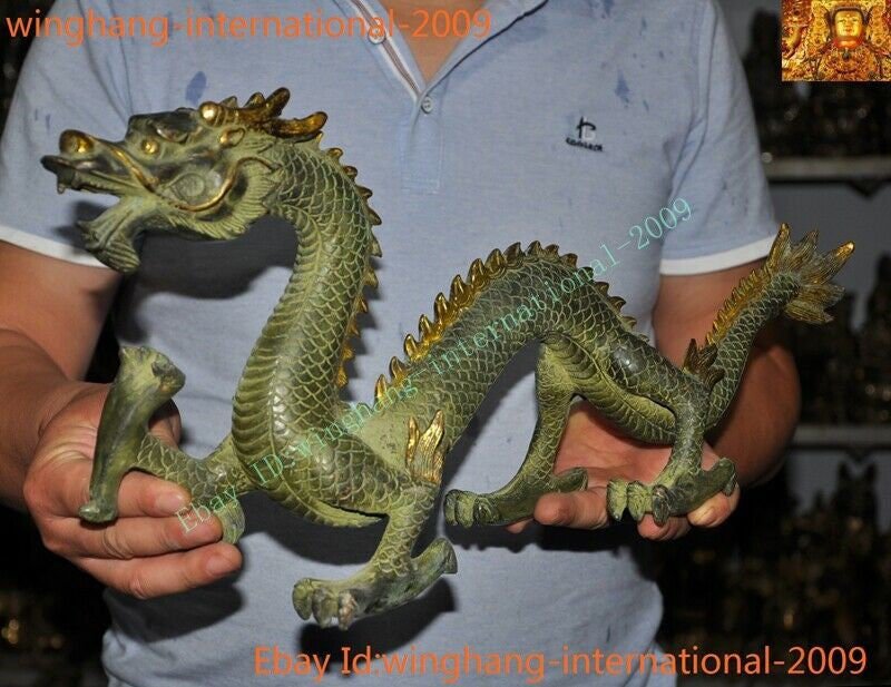 Old Chinese China Feng Shui Bronze Gilt Lucky Wealth Zodiac Animal Dragon Statue