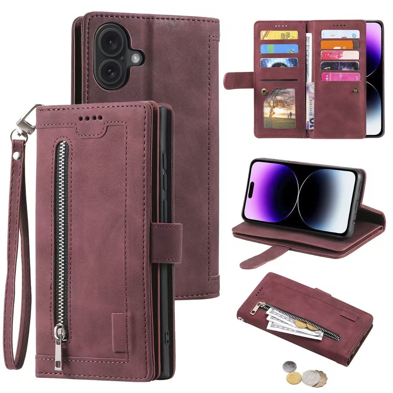 Zipper Leather Wallet Case For iPhone 17 Pro Max /16/15 Flip Cover