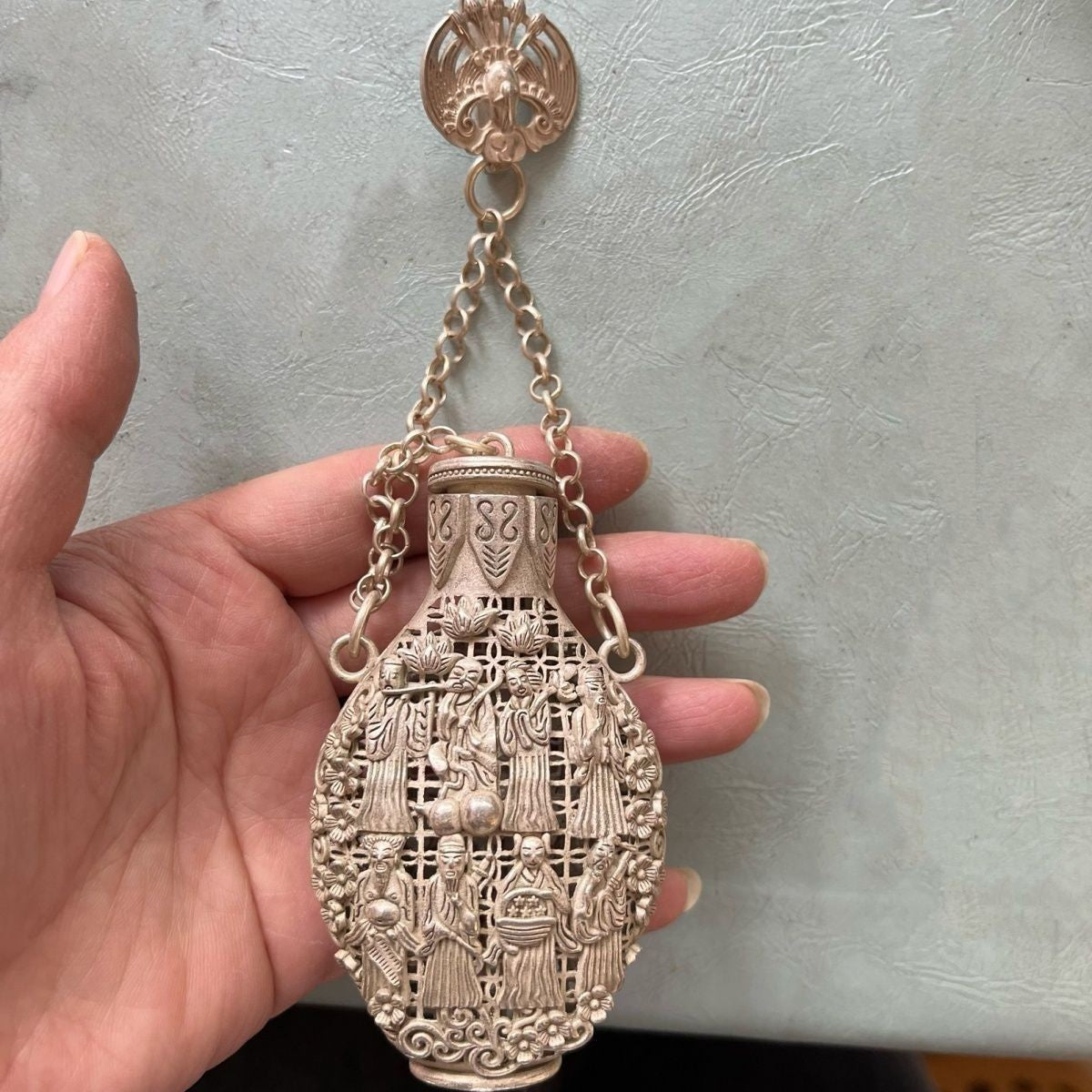 Vintage Xuande Eight Immortals Silver Sachet Handheld