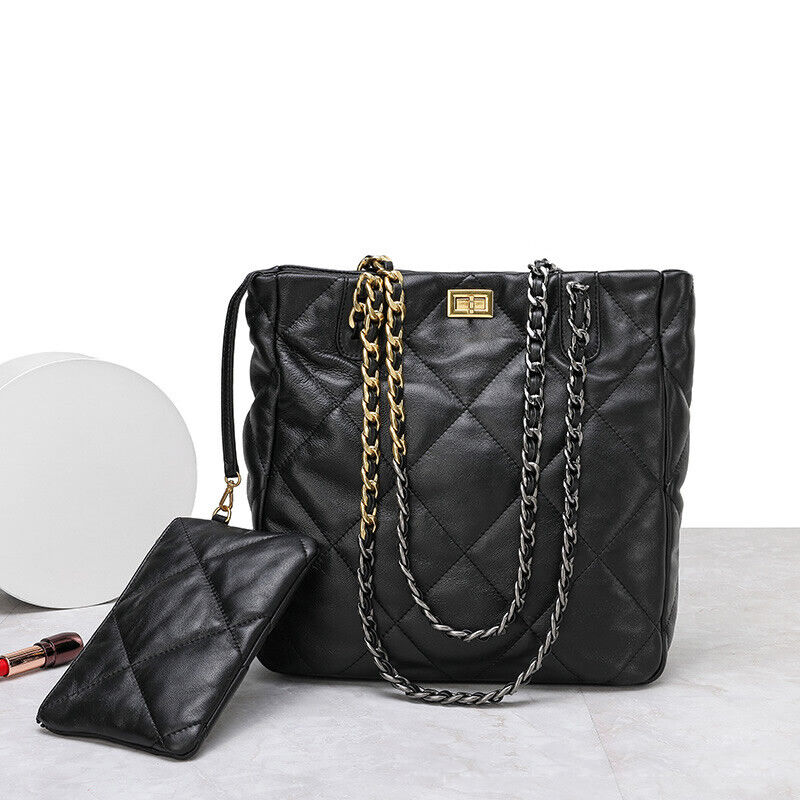Quilted Sheepskin Leather Tote Shoulder Bag Purse Chain Handles Handbag Fashion