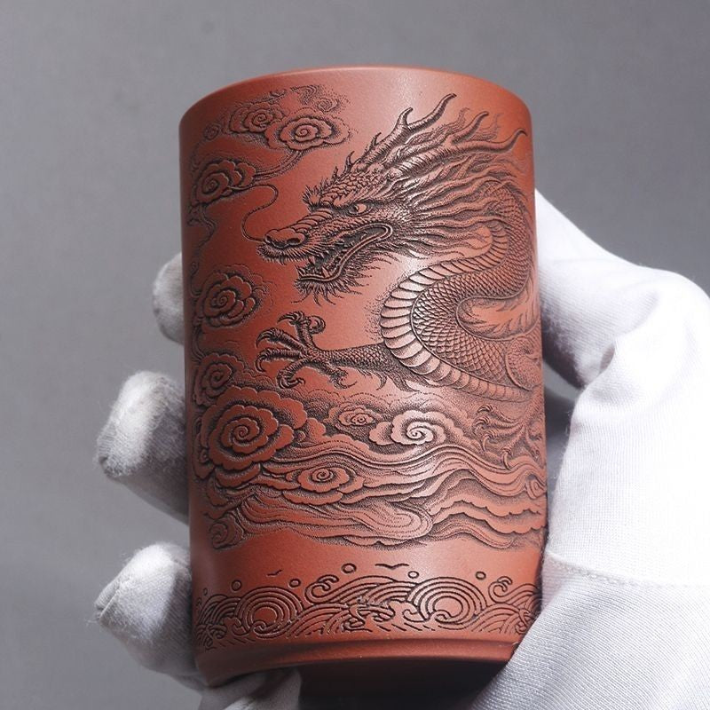 Yixing Purple Clay Cup Hand Carved Dragon Tea Cup 150ml Red Clay Teacup