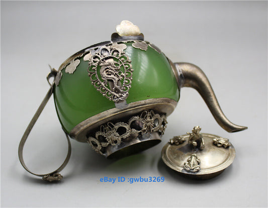China Old Tibetan Silver Inlay Jade Hand Carved Dragon Teapots Collection
