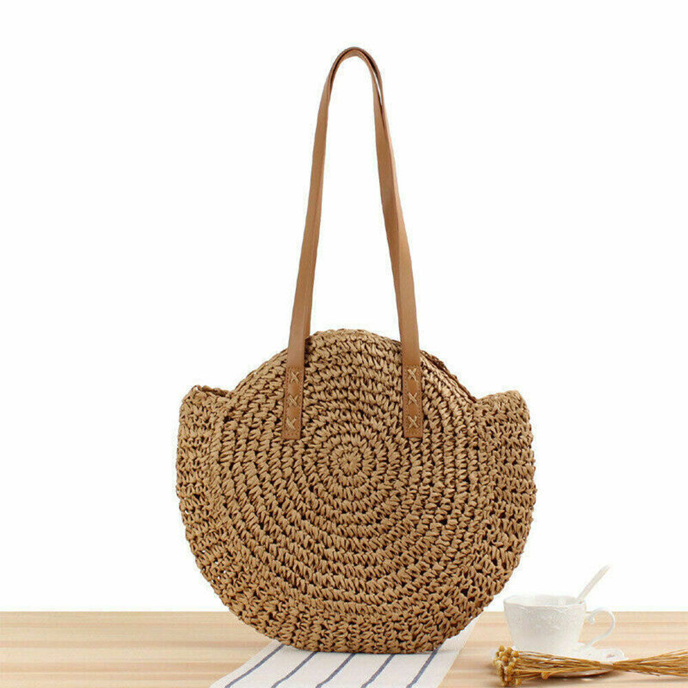 Women Boho Woven Handbag Summer Beach Tote Straw Bag Round Rattan Shoulder Bag