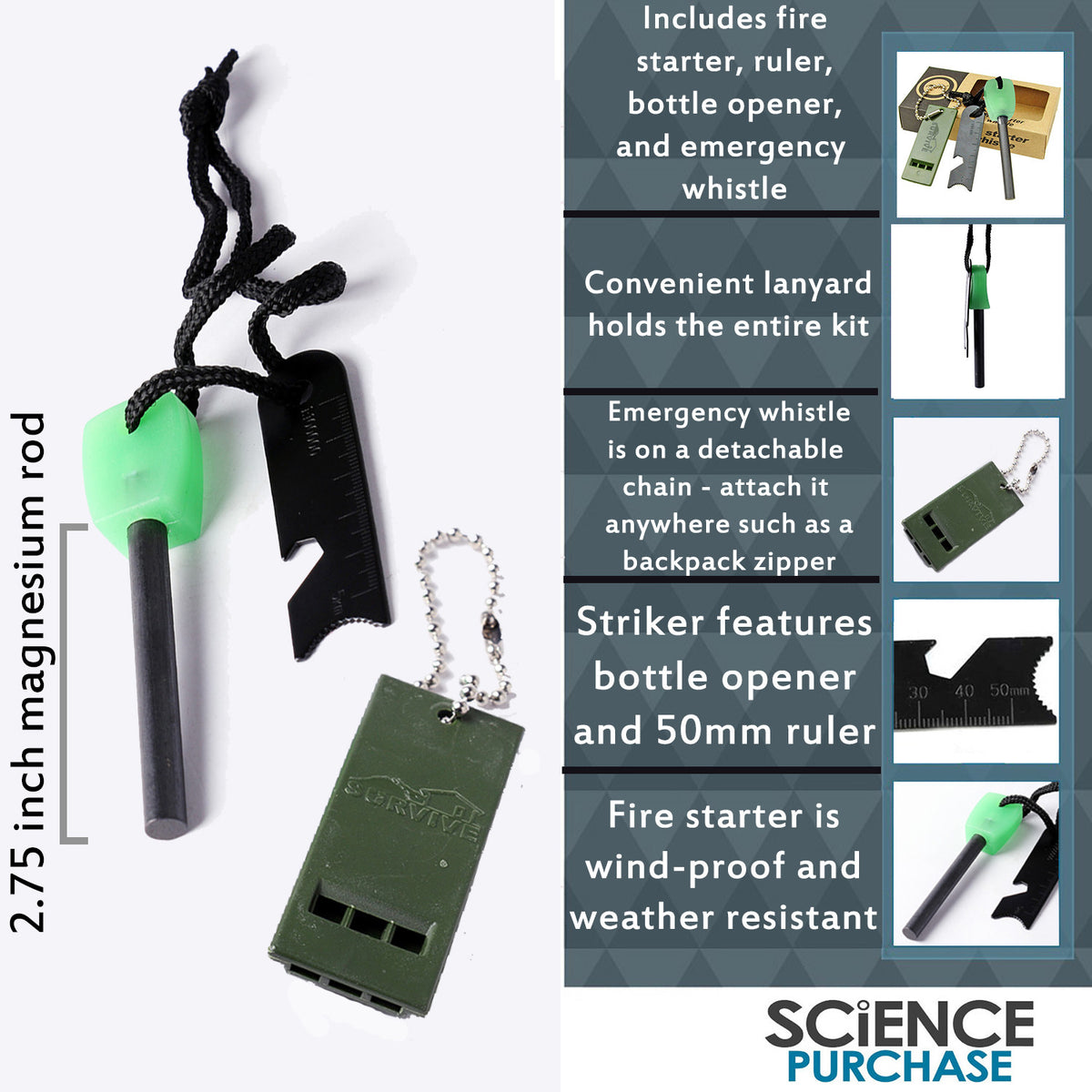 Fire Starter - Includes Flint with Ruler, Bottle Opener, and Whistle w/ Lanyard