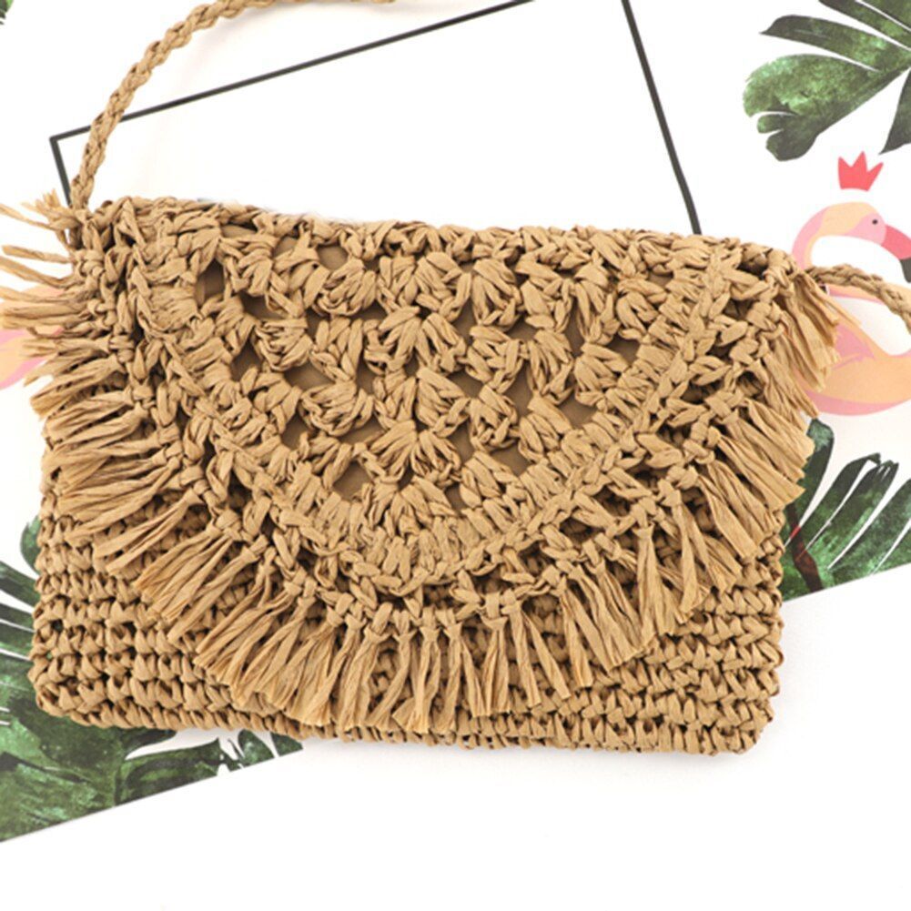 Straw Bag Woven Tassel Beach Shoulder Rattan Crossbody Purse Travel 23*17*11 CM