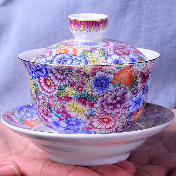 150ml Jingdezhen Porcelain Gaiwan Flowers Blossom Color Crafts Cup Bowl Tea Set