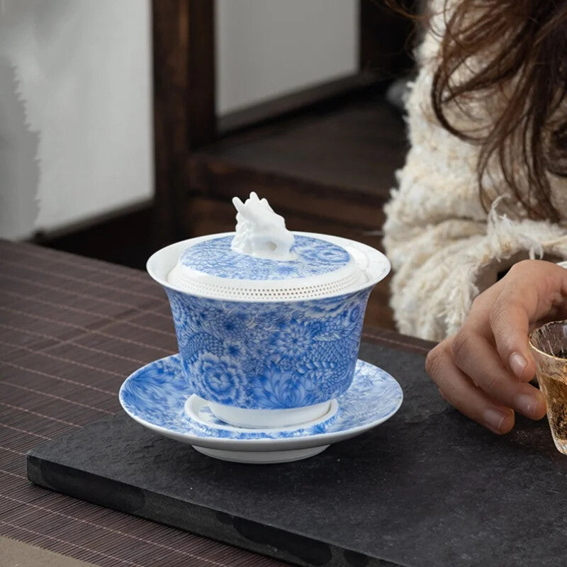 Chinese Porcelain Dragon Tea Tureen Ceramic Sancai Cover Bowl Tea Maker Gaiwan