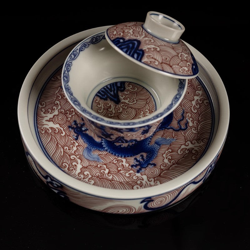 Jingdezhen Blue and White Porcelain Dragon Pattern Gaiwan Tea Bowl Retro Tea Set