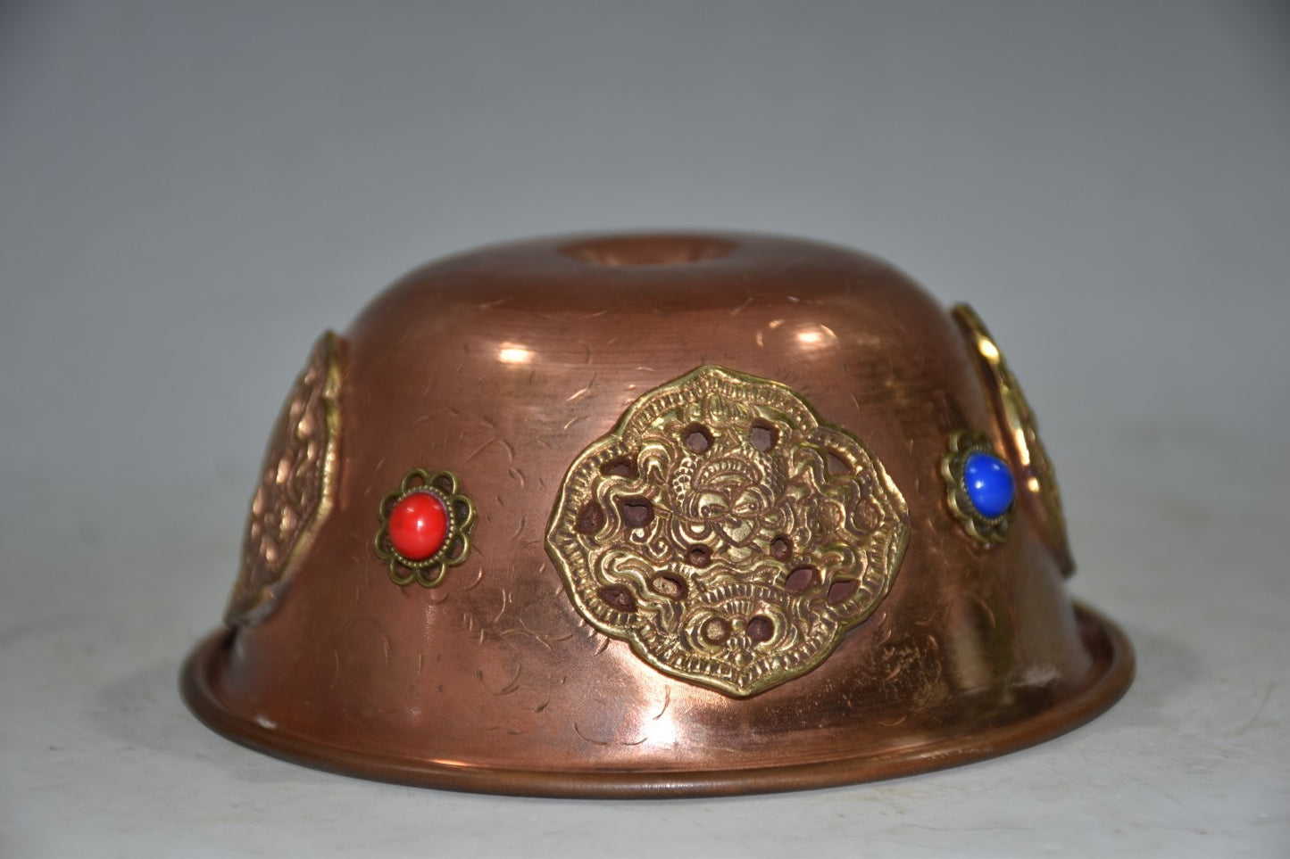 Vintage Nepalese Red Copper Bowl 4.92×2.17in Inlaid Gem 162g Butter Tea Cup