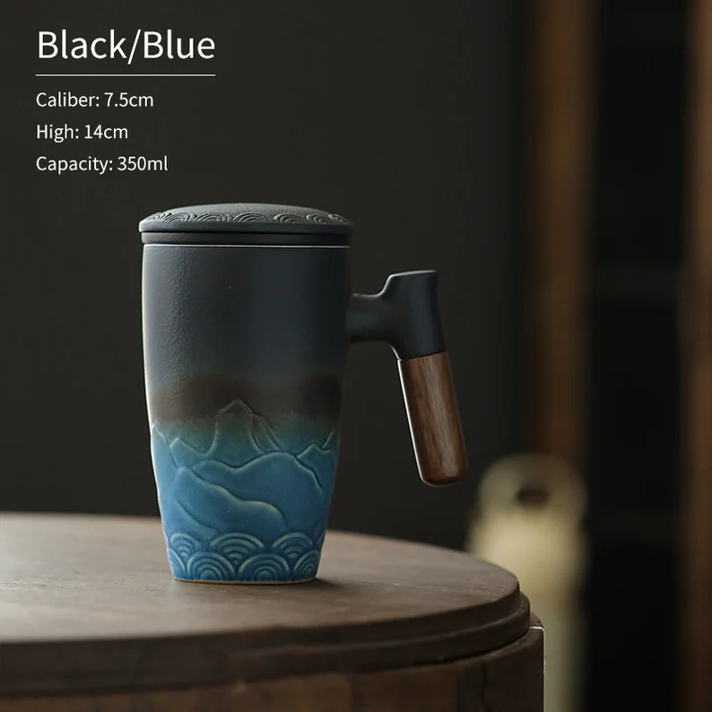 Embersceramic Ceramic Tea Cup with Infuser and Lid Tea Mugs Wooden Handle 350ml