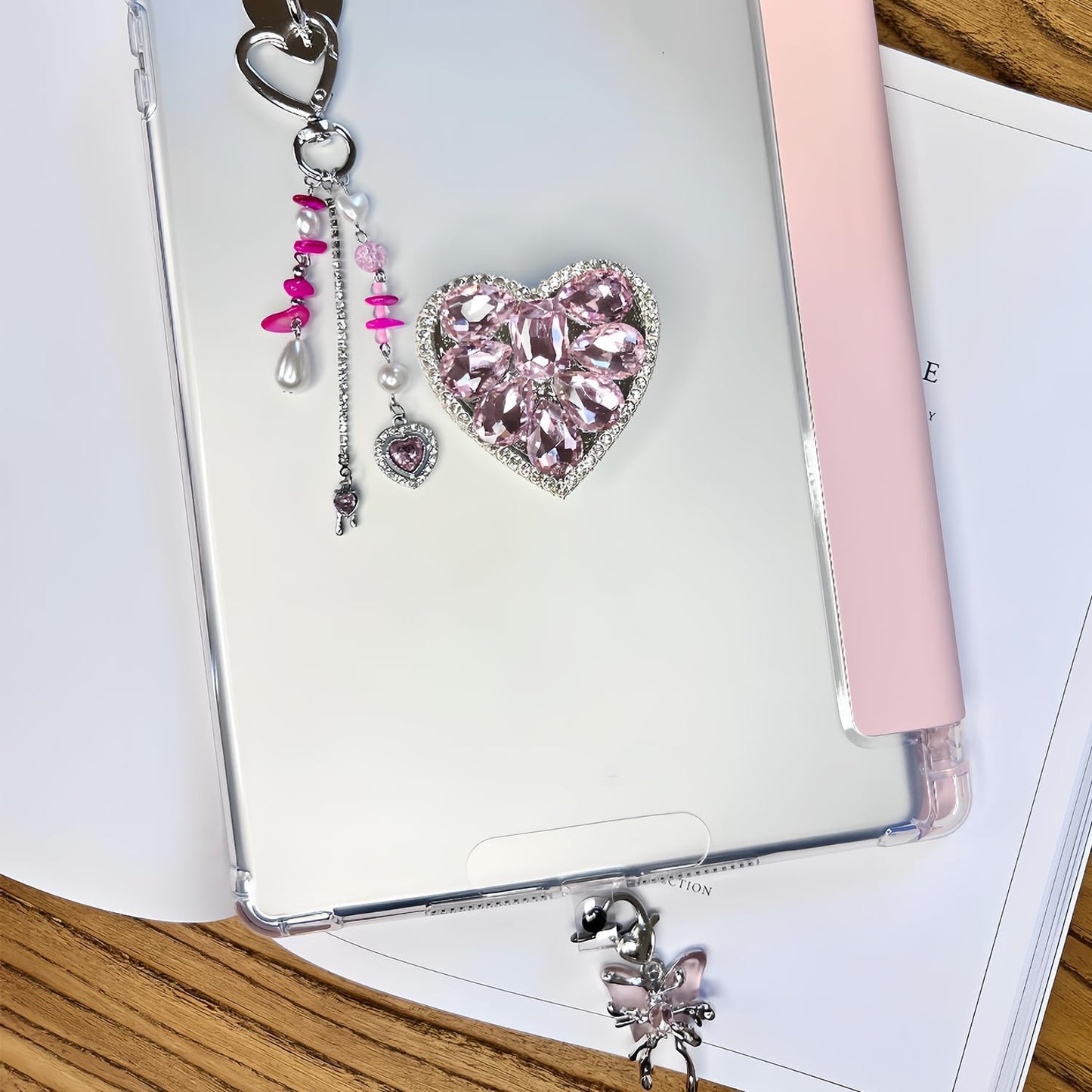 Cute Charms Set for Kindle,Including Y2K Style Heart Grip Holder, Pink Heart Cha
