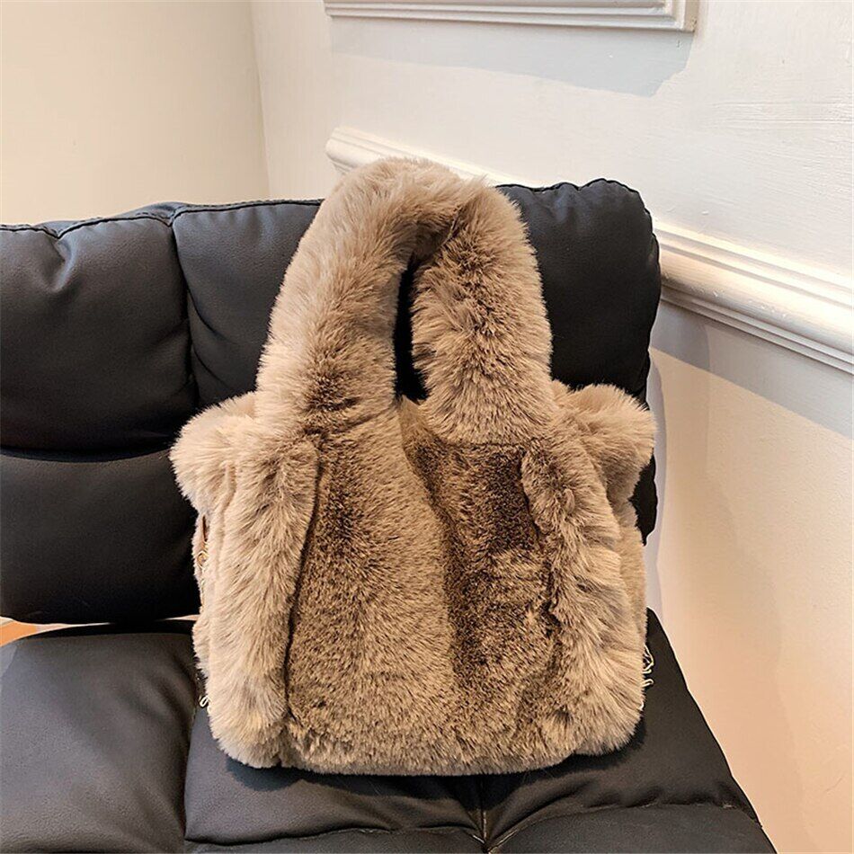 Faux Fur Women's Tote Bag Plush Shoulder Bags Women Soft Top Handbags Warm