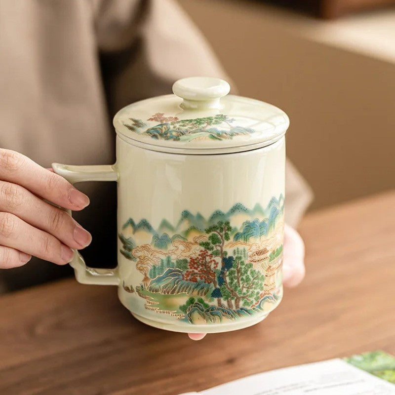 354ml Chinese Ceramic Yellow Glaze Landscape Tea Mugs Tea-water Separation Cups