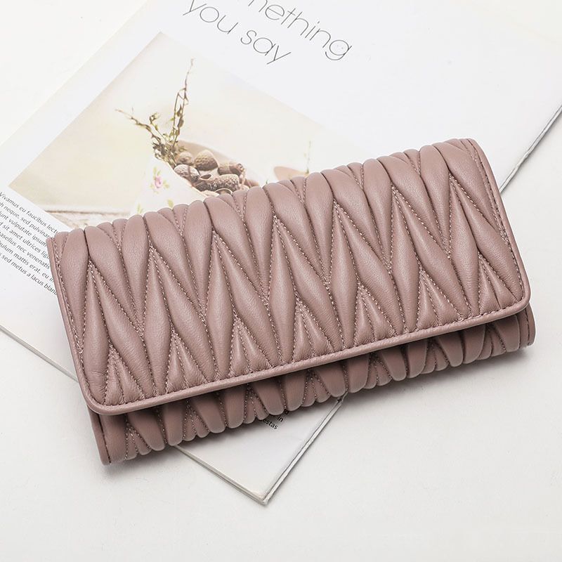 Fashion Long Pleated Wallet Hasp Zipper Card Holder Genuine Leather Coin Purses