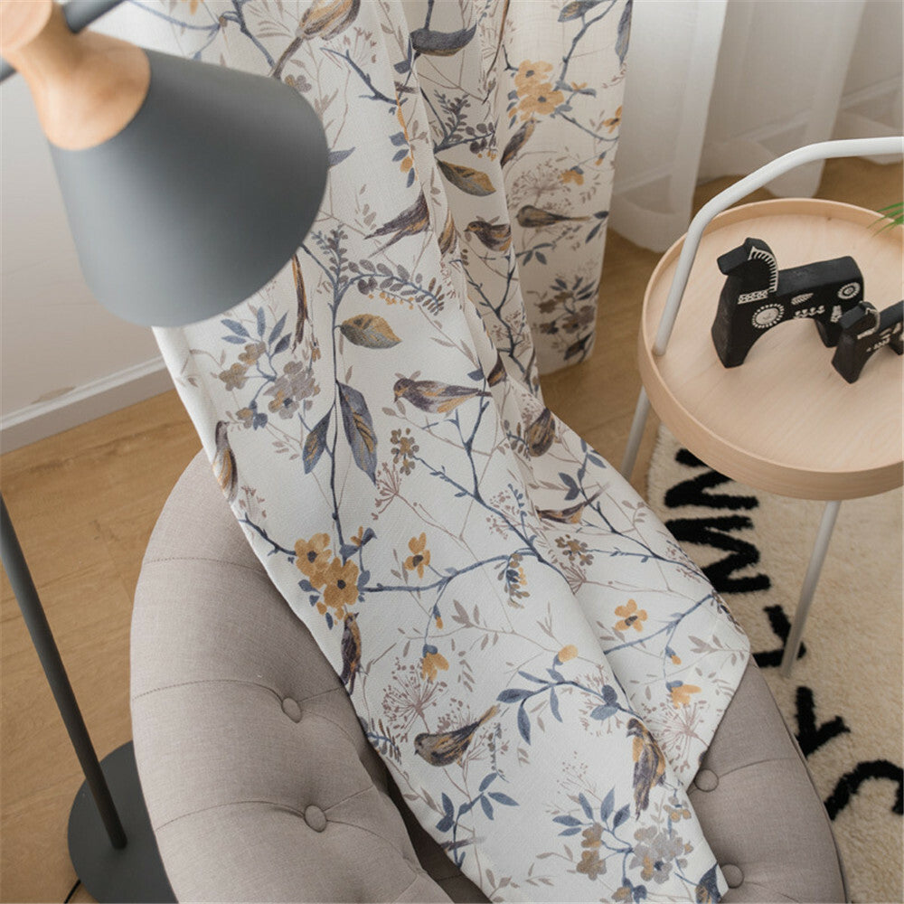 Rural Style Birds and Trees Printed Curtain Semi Blackout Curtain Panel 1 Panel