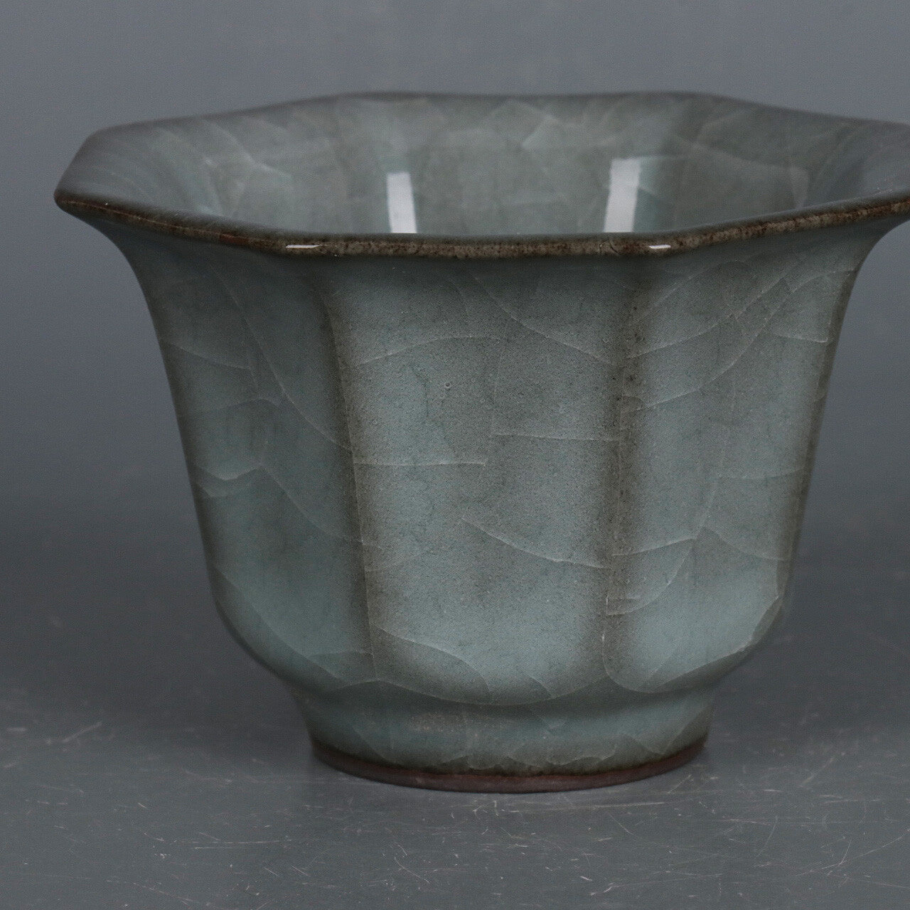3.3" Collection Chinese Song Porcelain Guan Kiln Hacking Eight Sides Cup