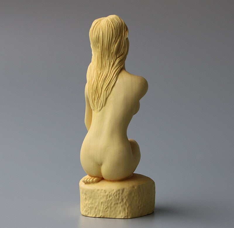 Chinese Naked Seating Model Girl Statue Boxwood Carved Beauty Figure Art Deco
