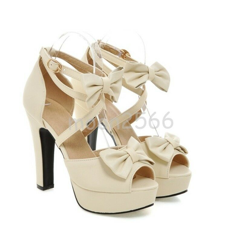 Women Bowknot Block Heels Sweet Peep Toe Cross Strappy Platform Sandals Shoes @