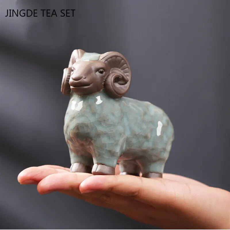 Retro Ceramics Tea Pet Chinese Zodiac Sheep Statue Animal Tea Figurine Ornaments