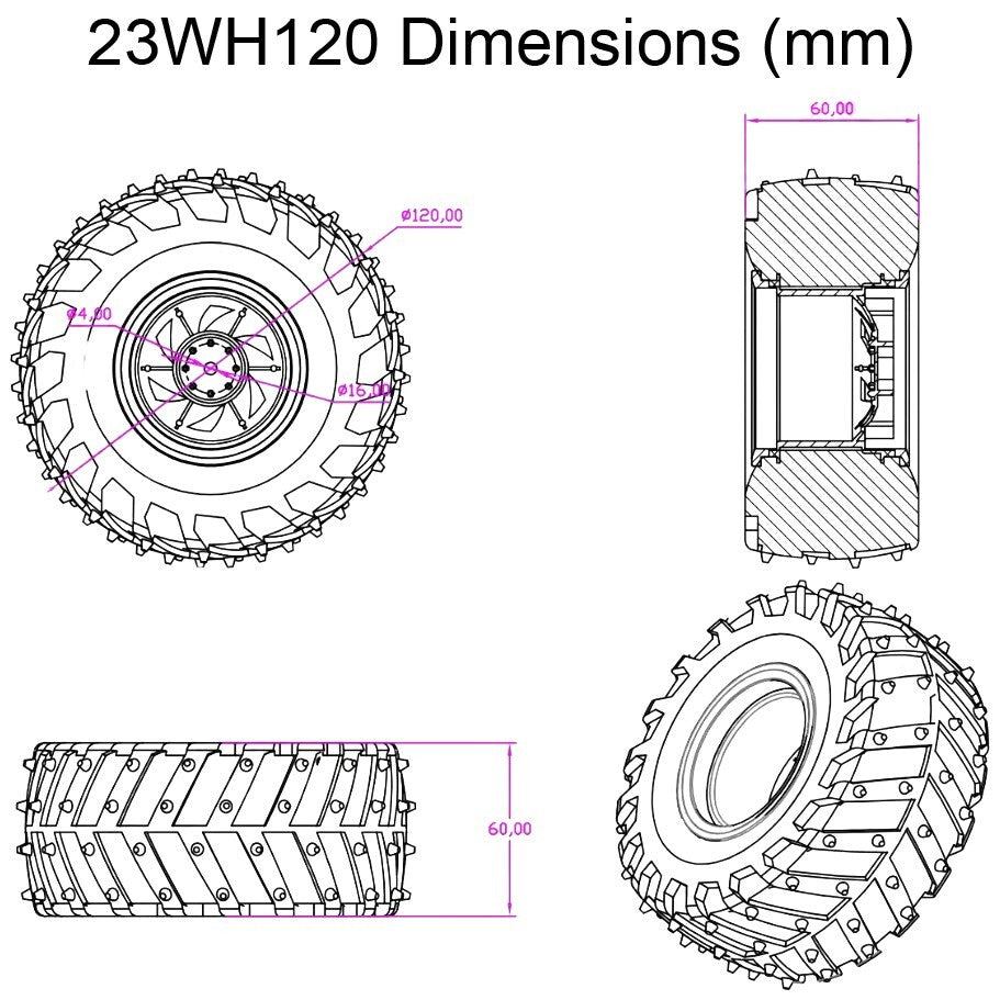 4 Pack Dagu 120mm Spiked Rubber Wheels for RC / Robotics, 60mm Width, 4mm Axle