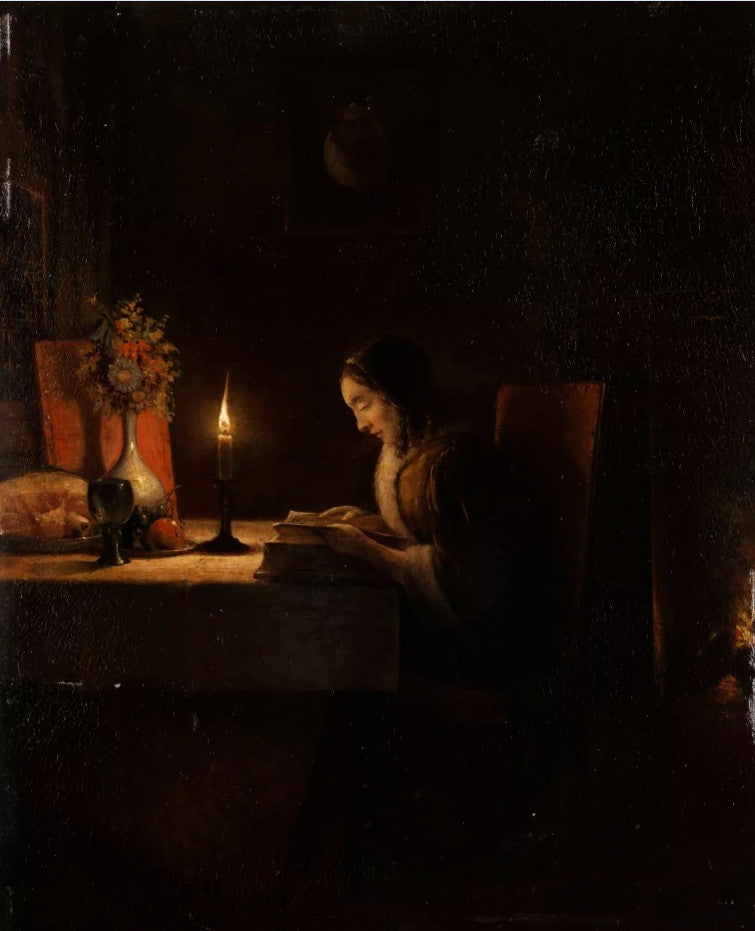 Dream-art Oil painting Petrus Van Schendel woman reading with candle in oil art