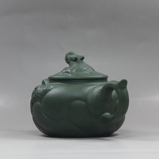 6.6” Collect Chinese Yixing Zisha Pottery Green Clay Handmade Fish Dragon Teapot