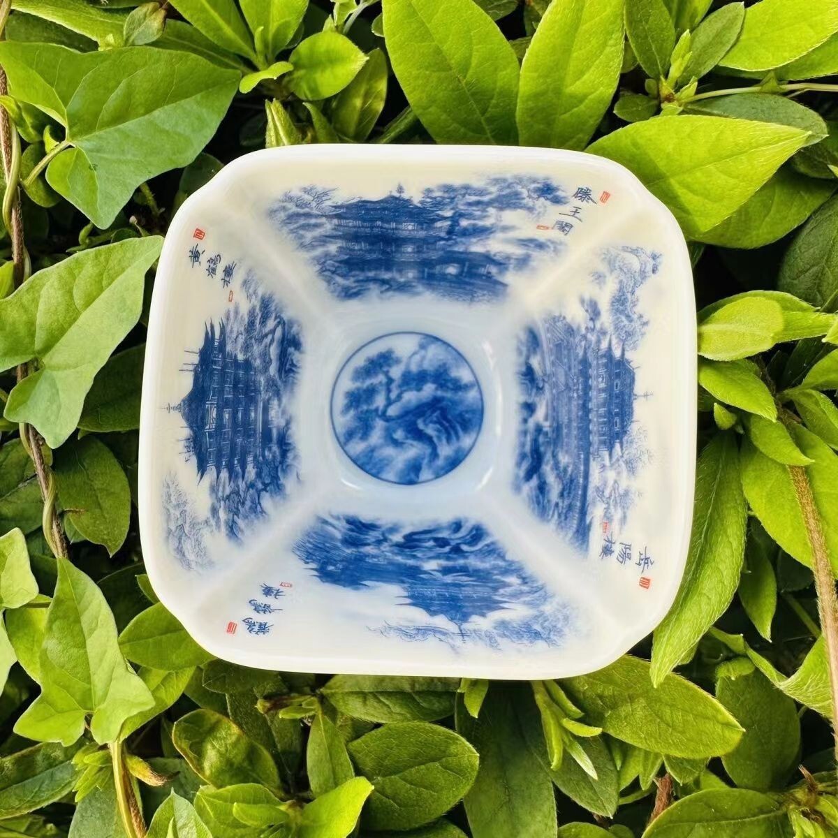 Chinese Jingdezhen Porcelain Blue and White Square Tea Cup:four Tower Decor
